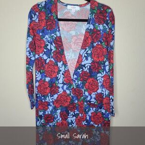 LuLaRoe Sarah Duster Cardigan Small Floral Roses Red Blue NEW